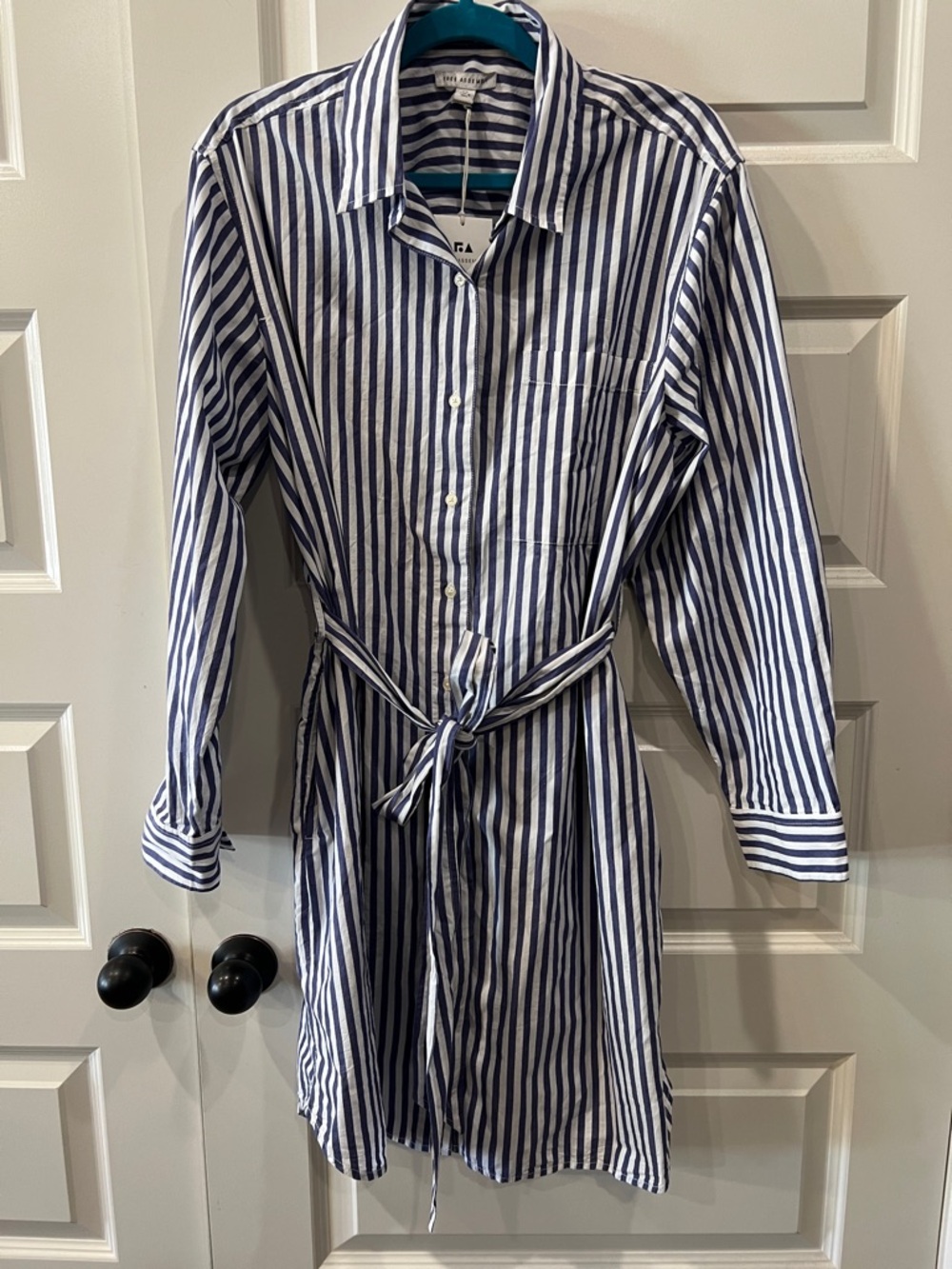 NWT Free Assembly Striped Shirt Dress with Tie Waist - Navy & White Sz XL